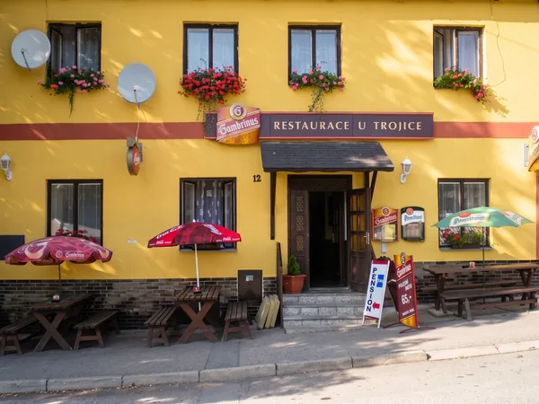 Průčelí domu s muškáty v oknech